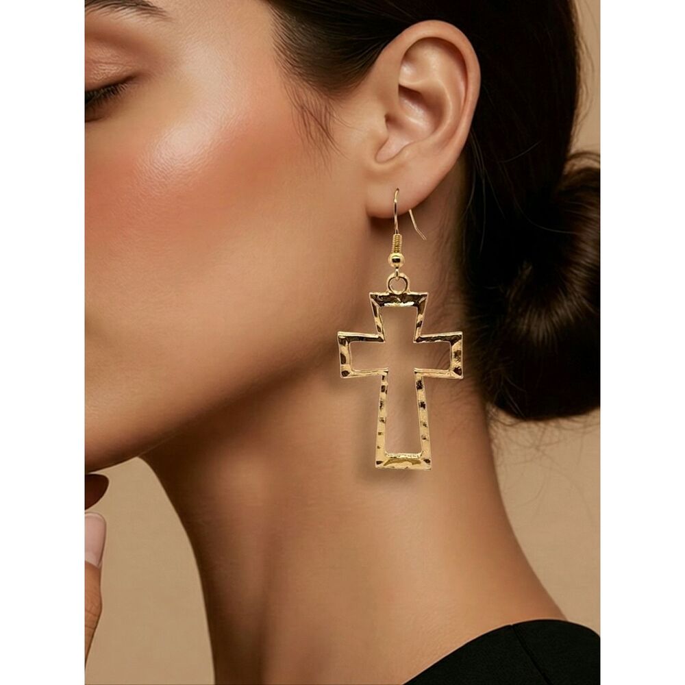 14K Gold Plated Hollow Cross Earrings Christian Faith Hammered Dangle Jewelry